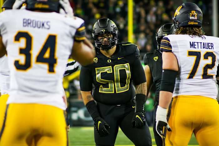 Popo Aumavae anchored Oregon's defensive line in 2021 and is back to 100% after missing the Alamo Bowl due to injury.
